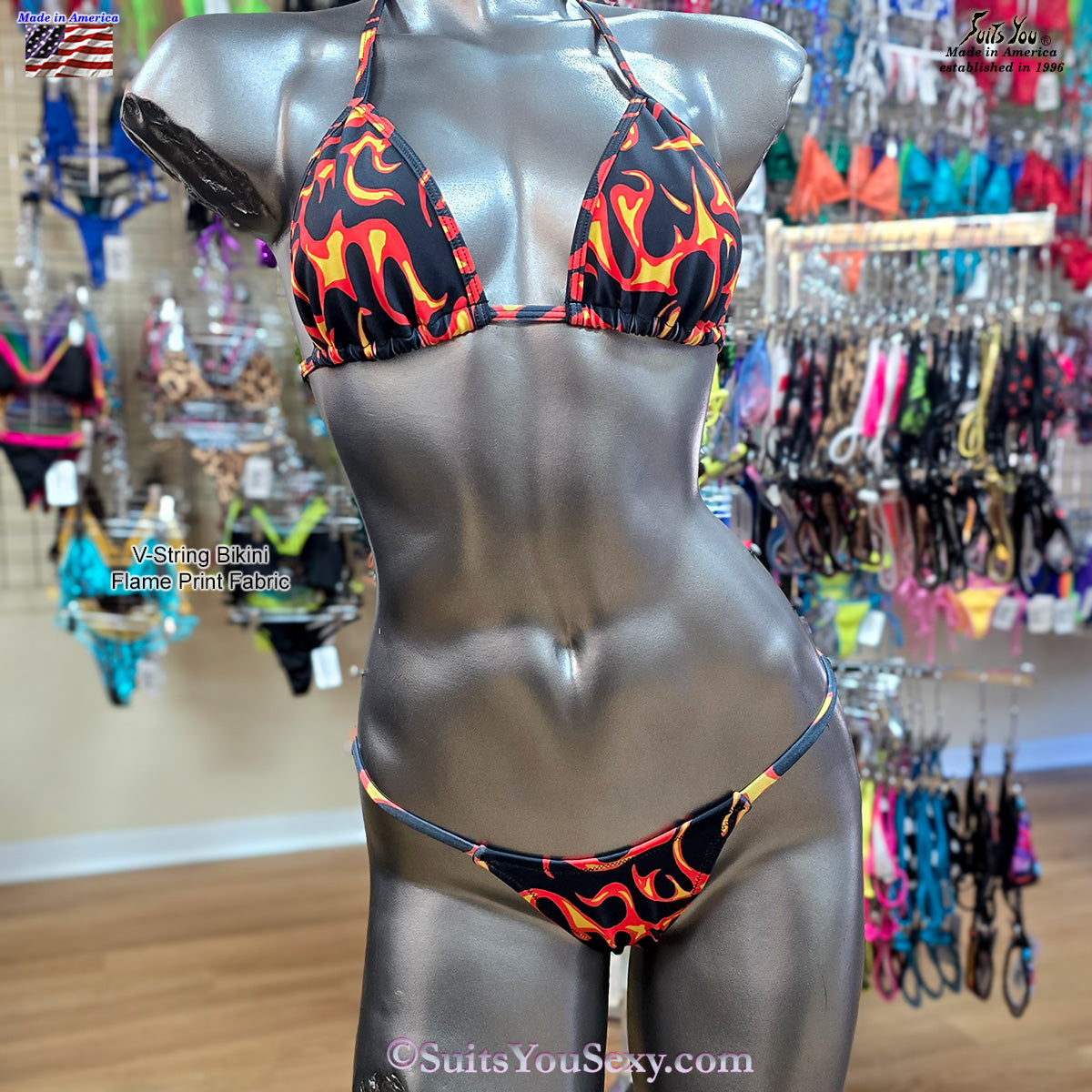Print V-string bikini, model front view, made in Clearwater FL since 1996