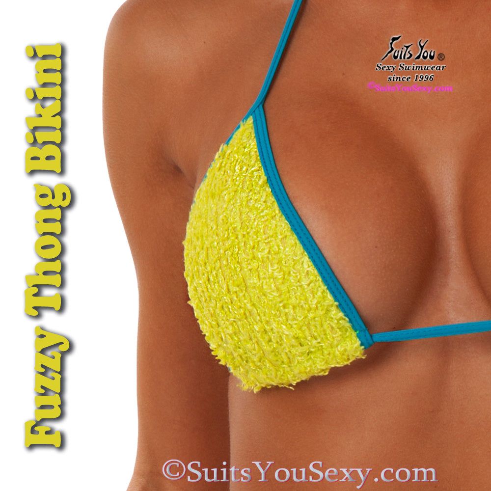 Fuzzy poodle fabric thong bikini in lime, back view detail, manufactured in Clearwater FL