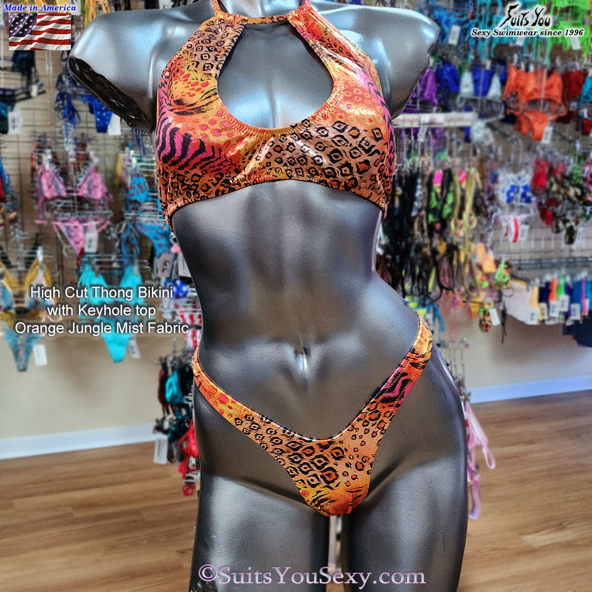 High leg thong bikini with keyhole top in orange jungle mist, front view, made in USA