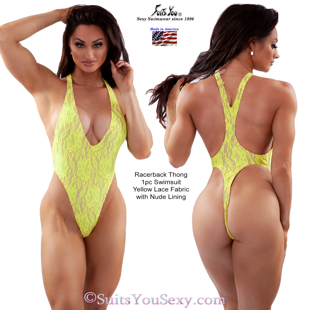 Lace racerback one-piece side view — designed by Lucy