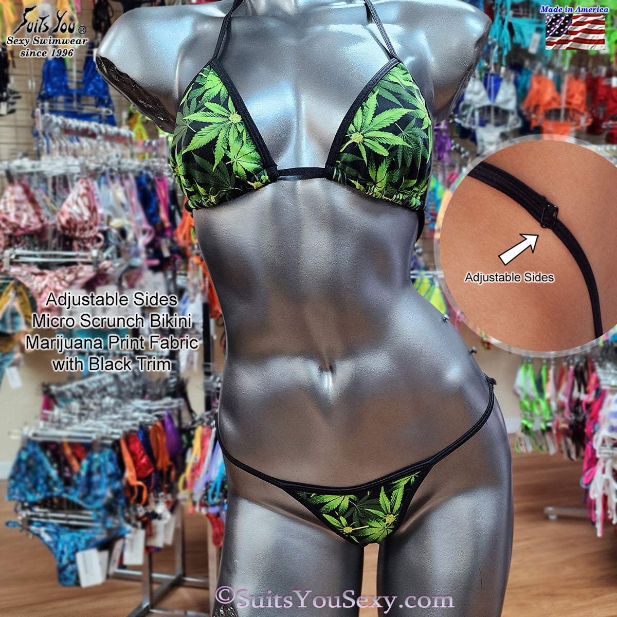 Marijuana Bikini — Pot Leaf Print Micro Scrunch Swimsuit | Made in USA — back view — made in USA