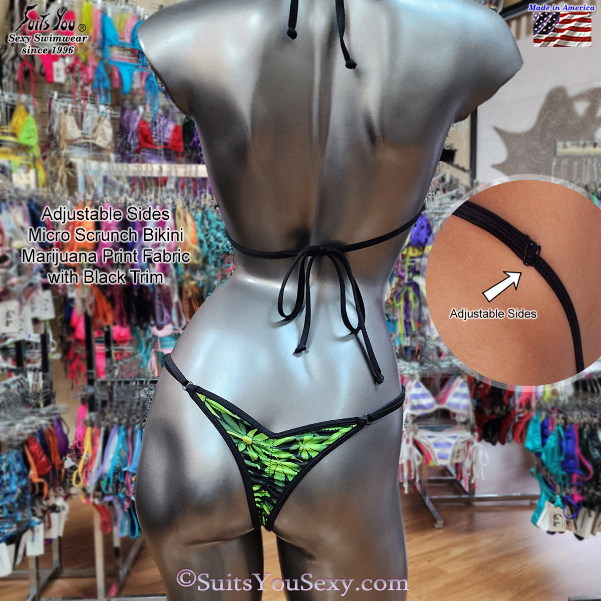 Pot leaf micro scrunch bikini on model — manufactured in USA