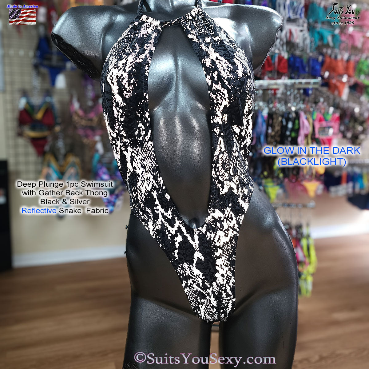 Reflective one-piece swimsuit — model wearing silver, full body shot, Suits You Sexy
