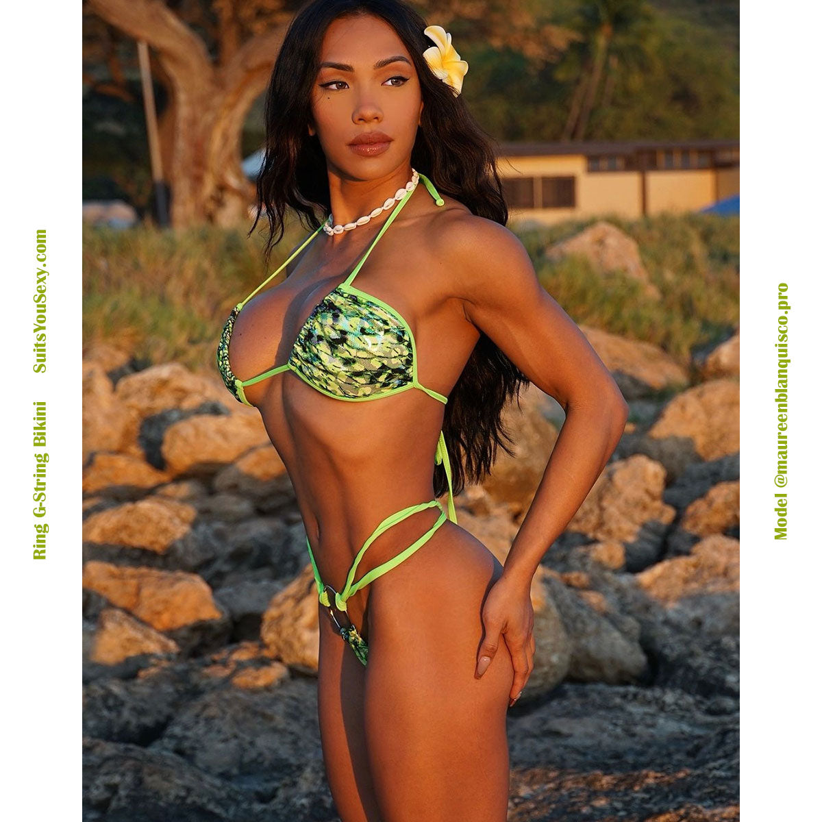Ring g-string bikini, model Maureen Blanquisco, iridescent foil fabric, one-of-a-kind, manufactured in USA