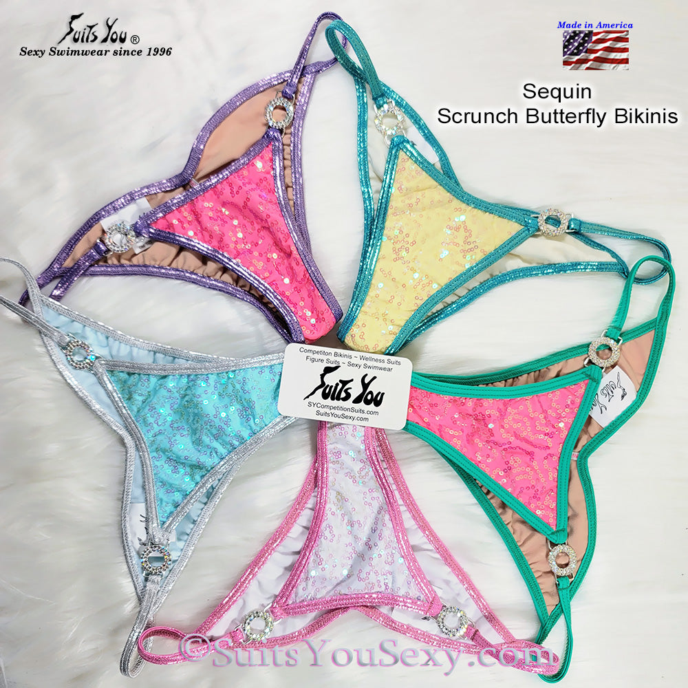 Sequin scrunch butterfly bikini on model — manufactured in USA