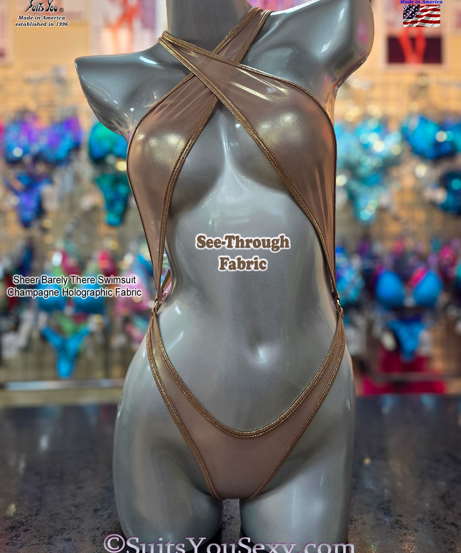 Sheer holographic mesh one-piece swimsuit with criss-cross straps — see-through barely-there style, made in USA by Suits You Sexy