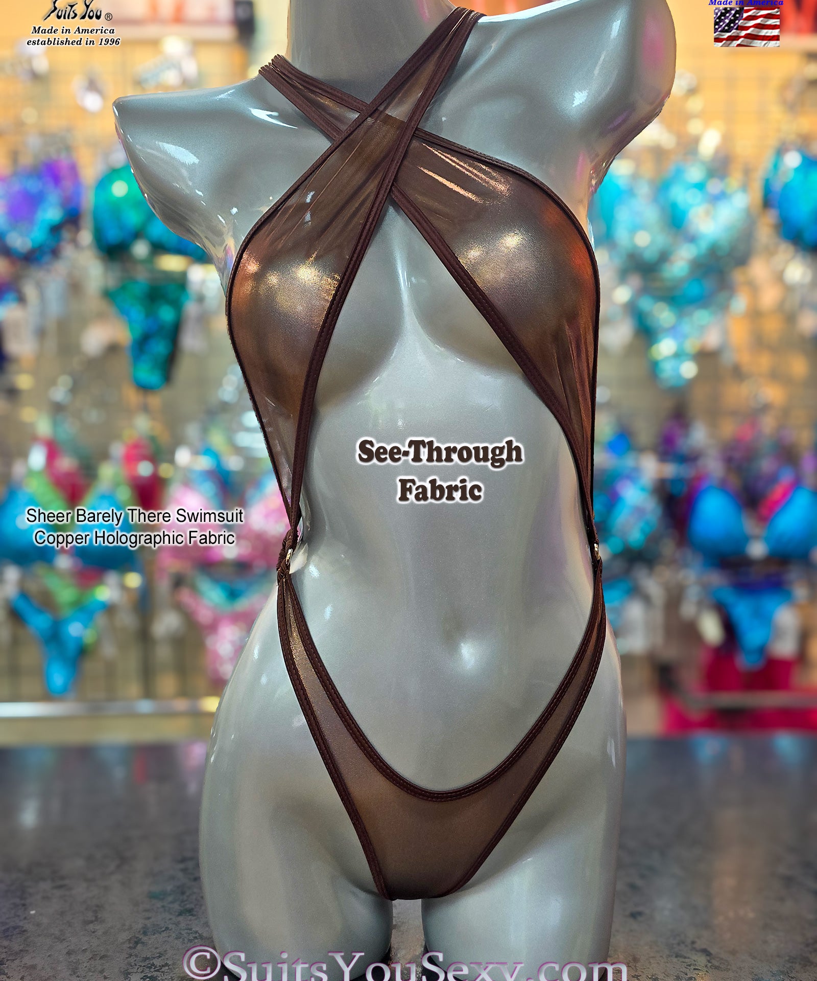 Sheer barely-there one-piece swimsuit in copper holographic mesh — criss-cross straps, handmade in Clearwater Florida