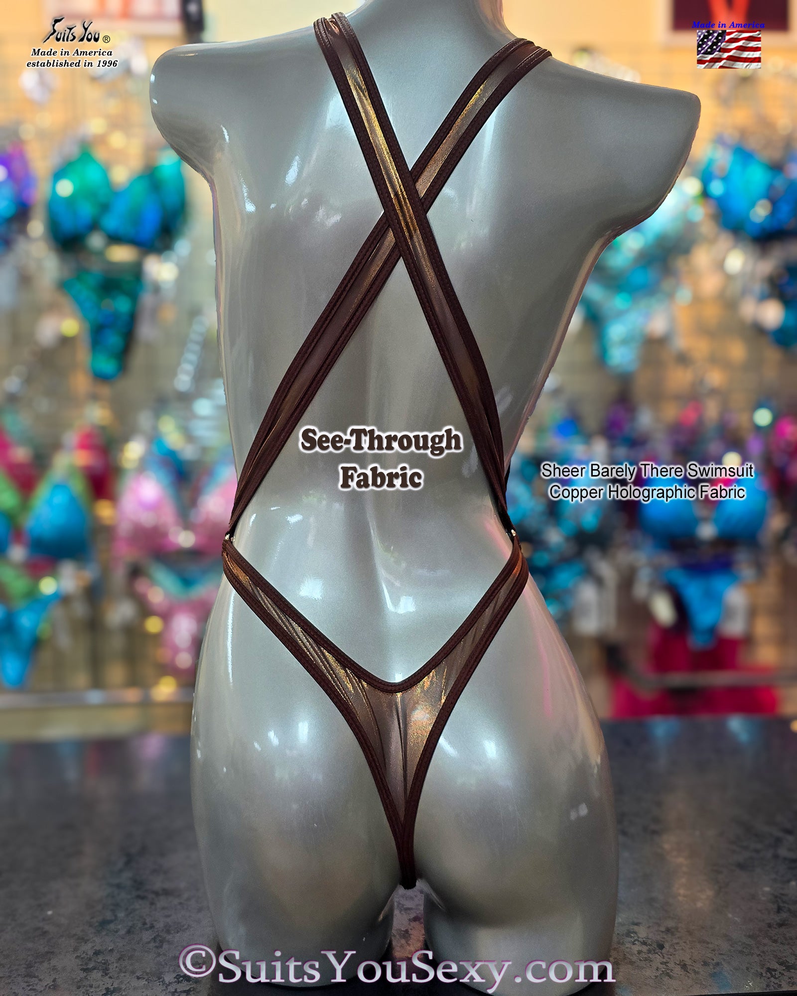 Sheer holographic mesh one-piece side view — designed by Lucy