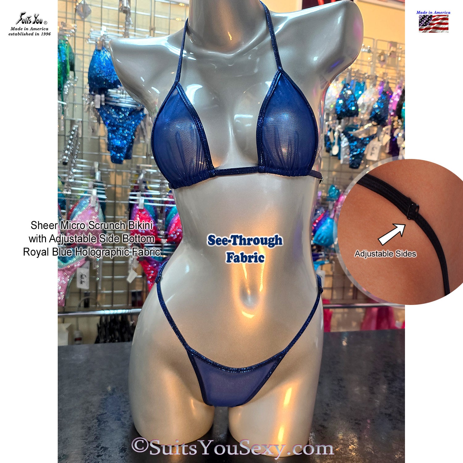 Sheer micro scrunch bikini, model full body front view, USA-made see-through swimwear