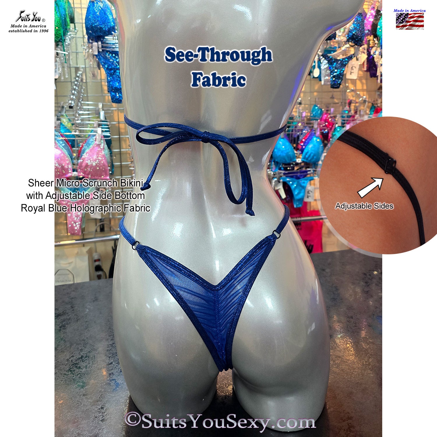 Back view of Sheer Micro Scrunch Bikini in Royal Blue Holographic — scrunch butt detail