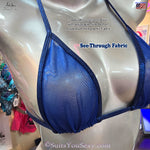 Side view of Sheer Micro Scrunch Bikini in Royal Blue Holographic on model