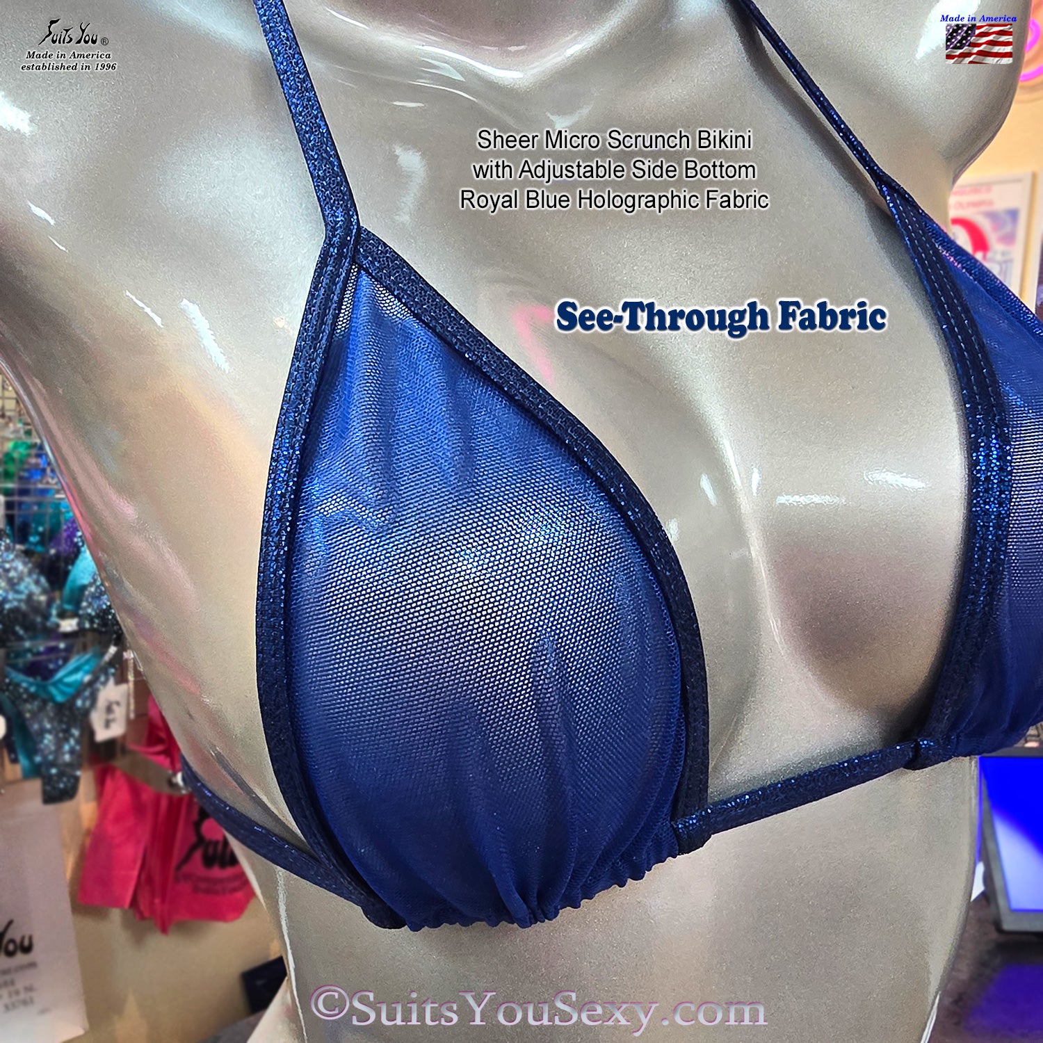 Side view of Sheer Micro Scrunch Bikini in Royal Blue Holographic on model