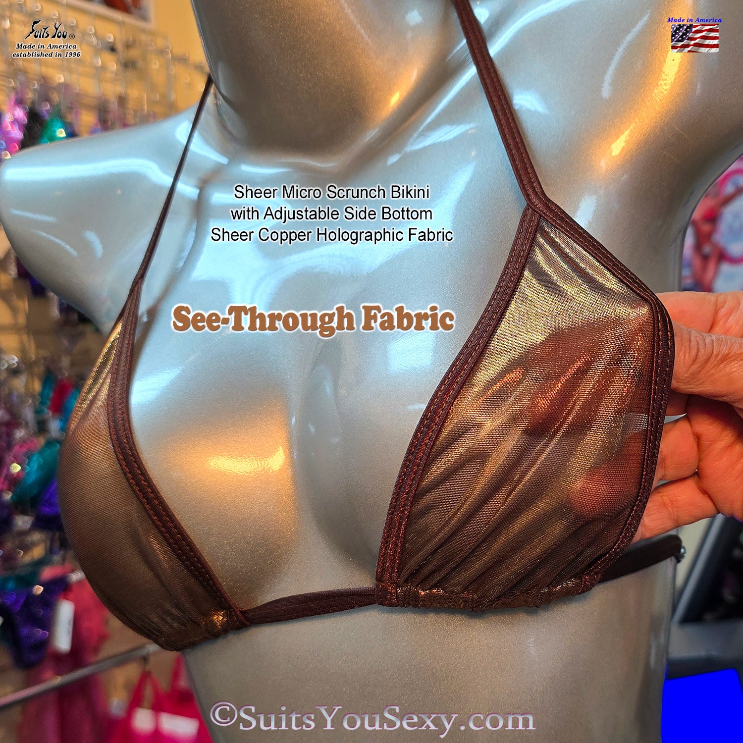 See-through mesh scrunch bikini, model wearing barely there style, made in Clearwater FL