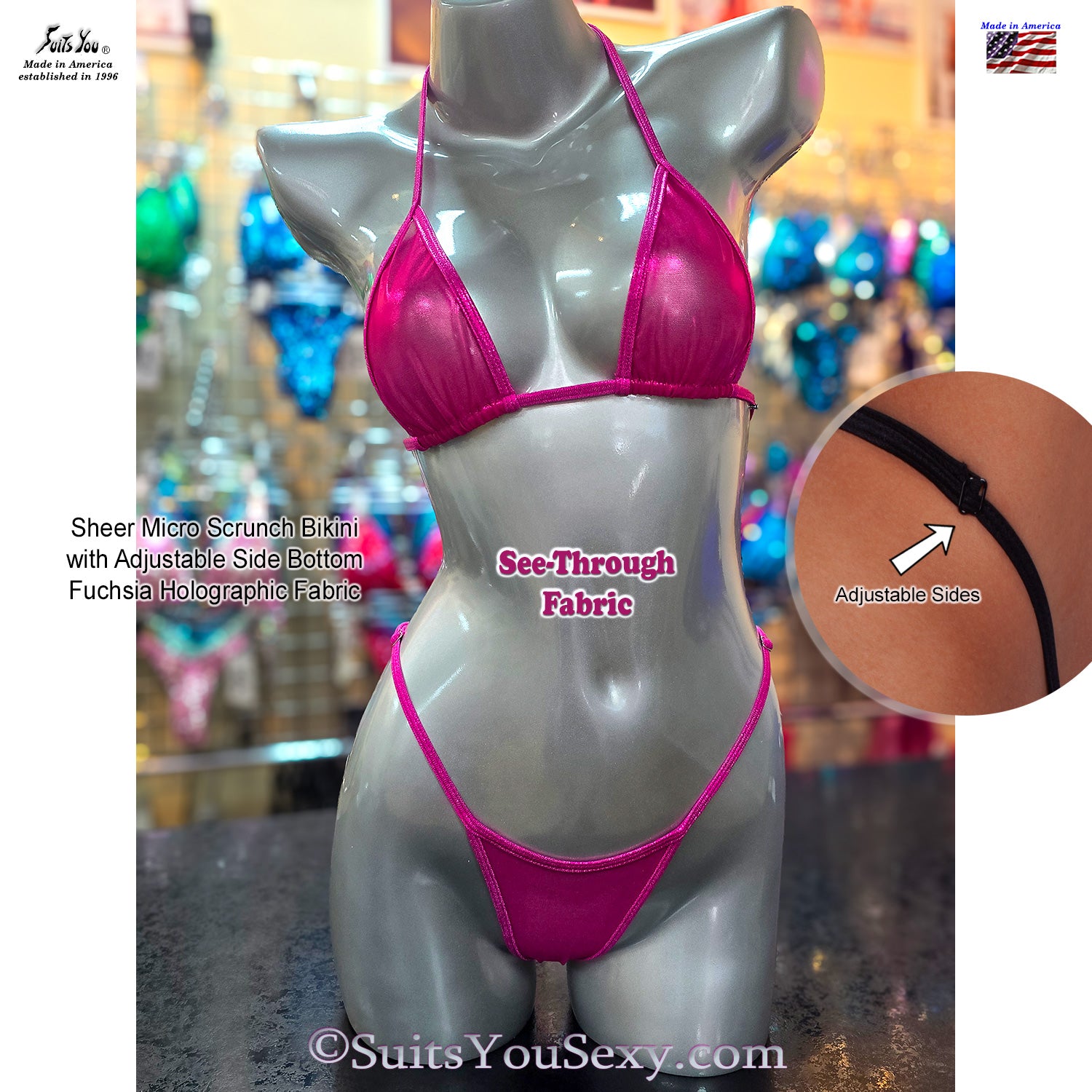 Sheer mesh bikini, close-up of scrunch bottom detail, made in Clearwater FL since 1996
