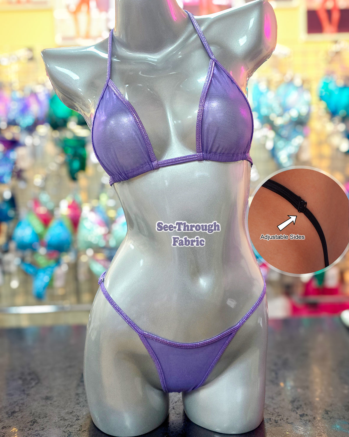 Sheer micro scrunch bikini with adjustable bottom. Lavender sheer fabric. Manufactured in Clearwater Florida