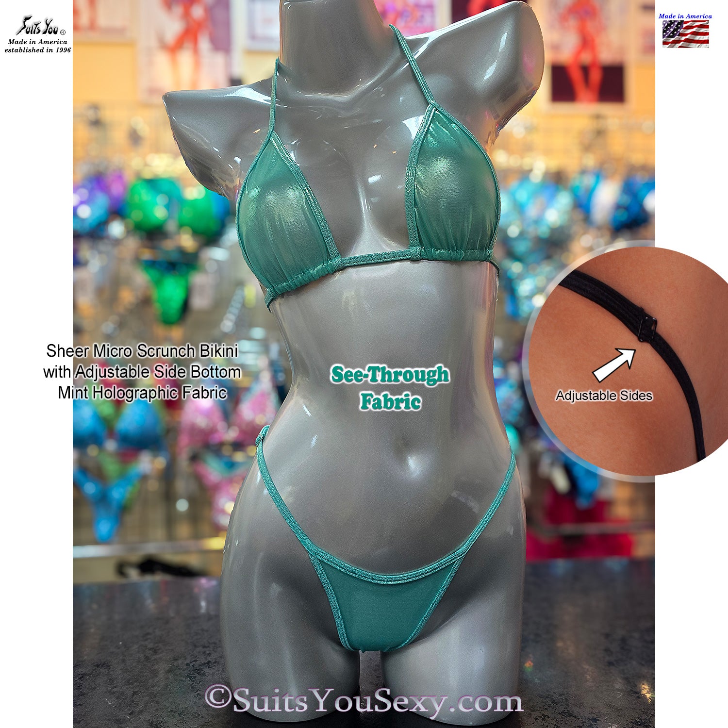 New Sheer Micro Scrunch Bikini in Mint Holographic — front view, see-through mesh triangle top and adjustable scrunch bottom