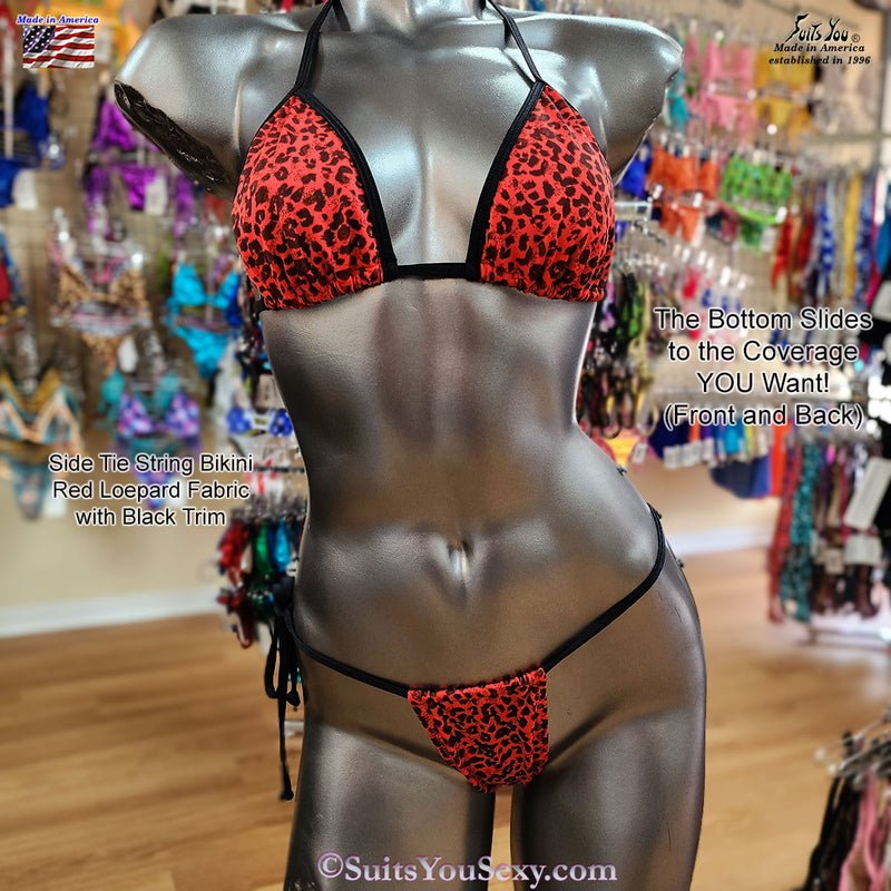 Side Tie String Bikini, Red Leopard Print