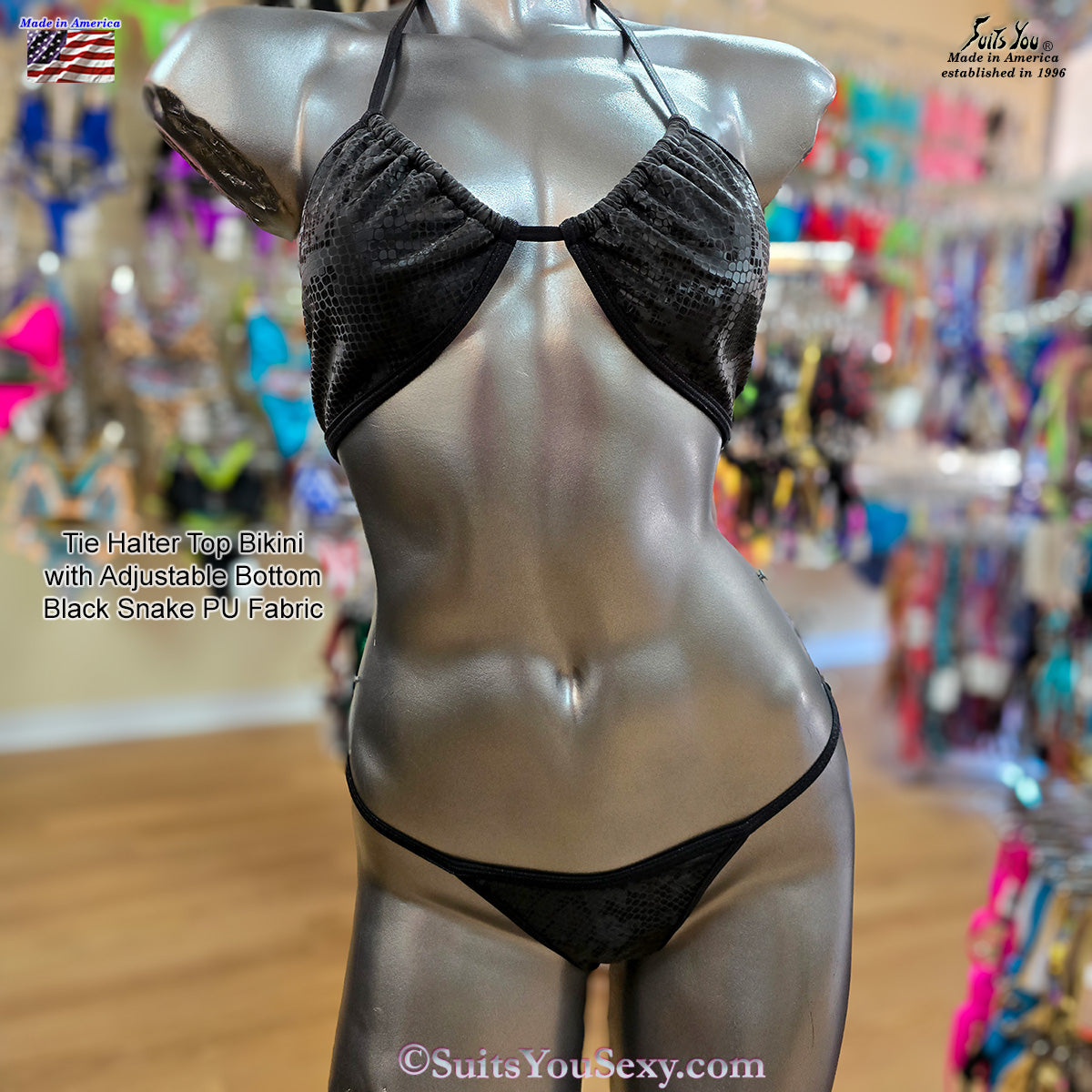 Tie Halter Top Bikini, black snake print fabric.