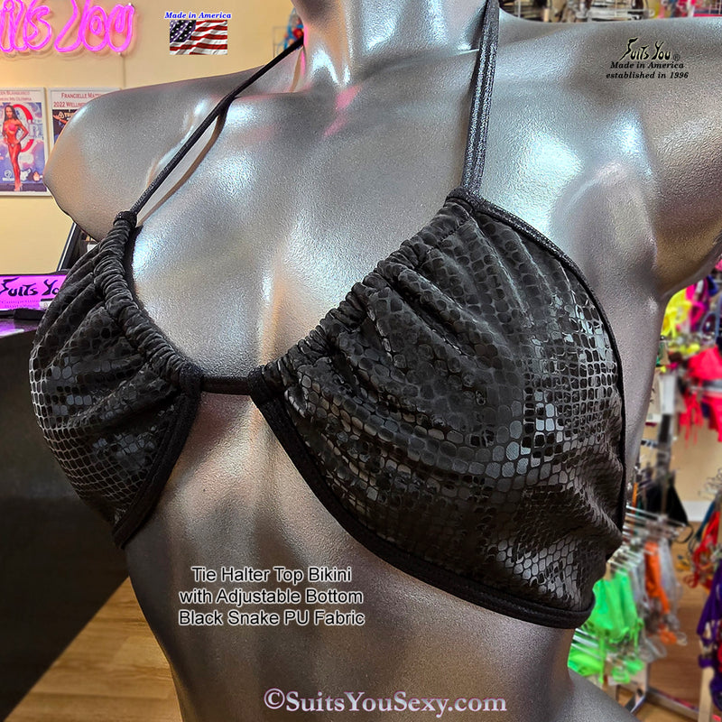 Tie Halter Top Bikini, black snake fabric.