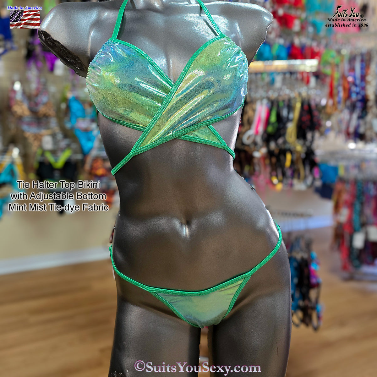 Tie Halter Top Bikini, Mint Mist Tie-dye fabric.