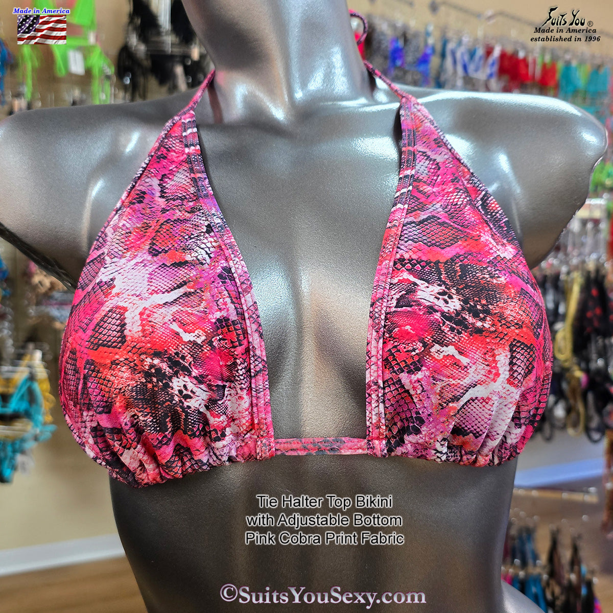 Tie Halter Top Bikini, Pink Cobra Print Fabric.