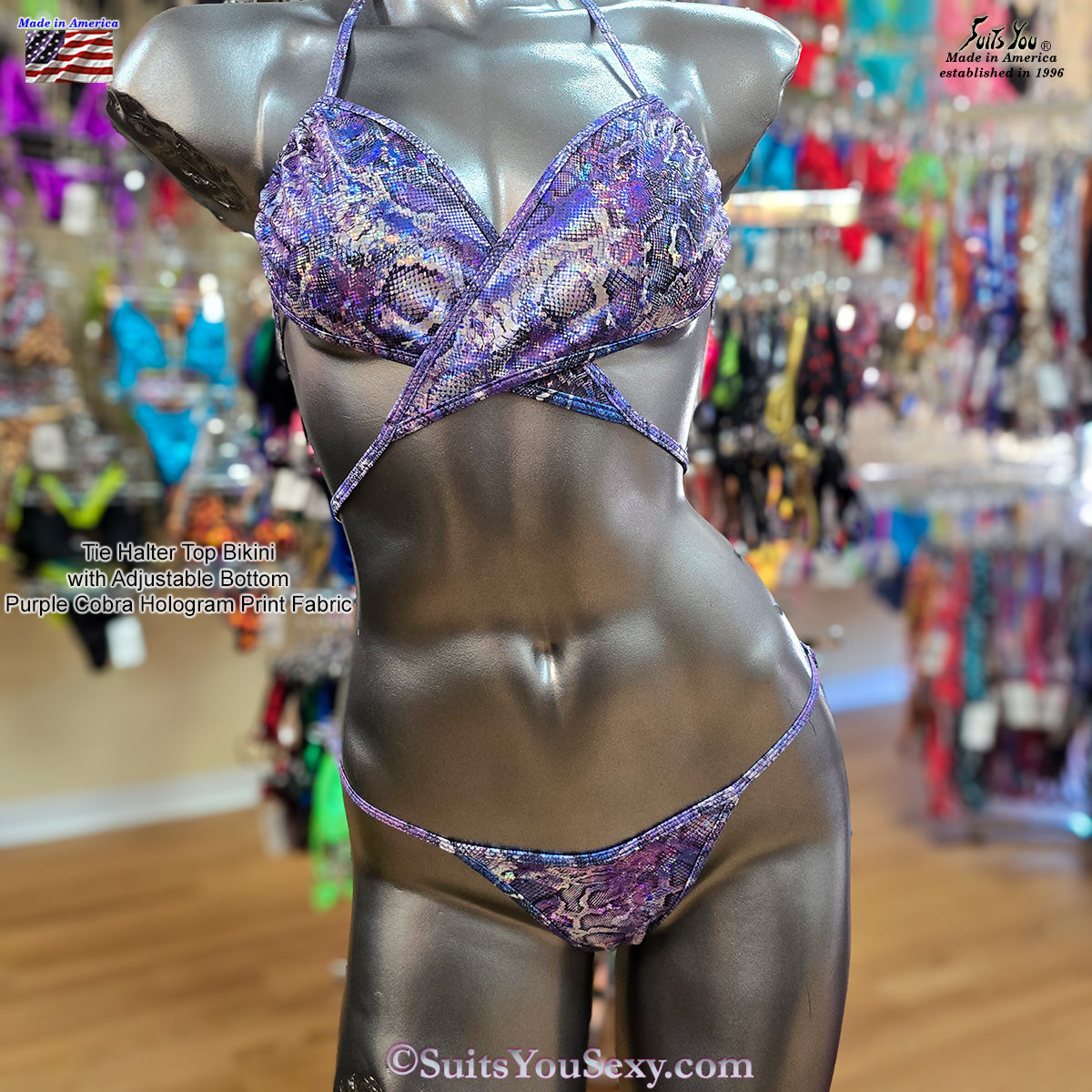 Tie Halter Top Bikini, Purple Cobra Print