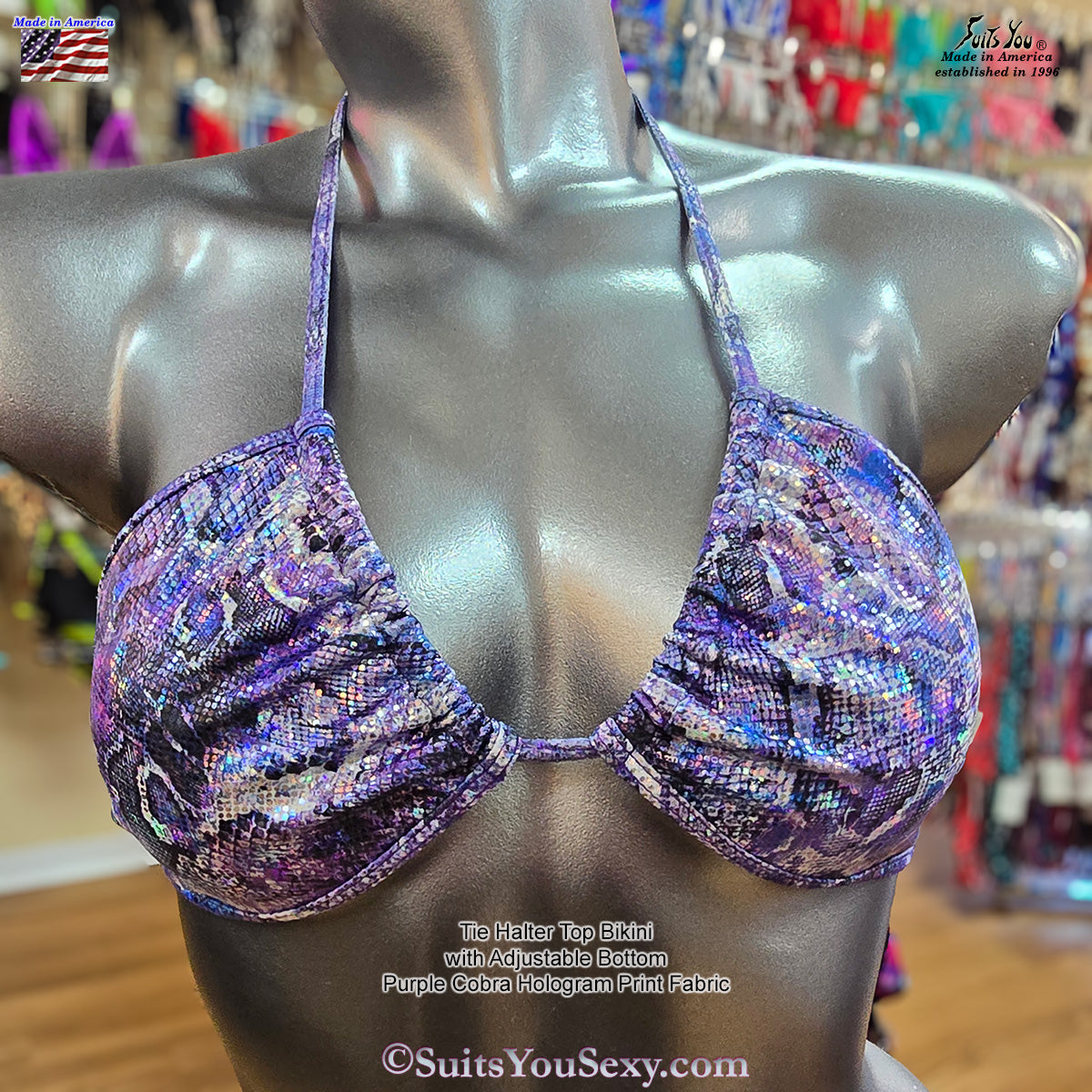Fun Tie Halter Top Bikini, Purple Cobra Print