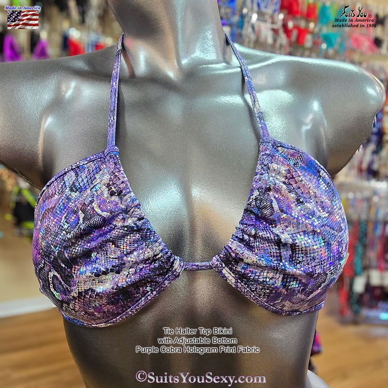 Fun Tie Halter Top Bikini, Purple Cobra Print