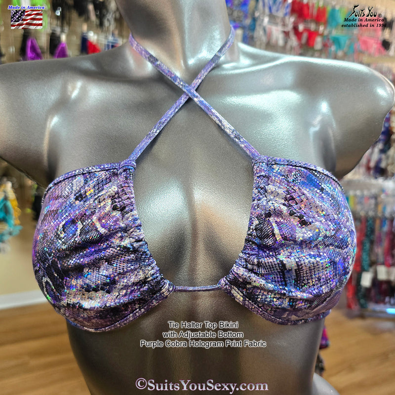 Tie Halter Top Bikini, Purple Cobra Print Fabric
