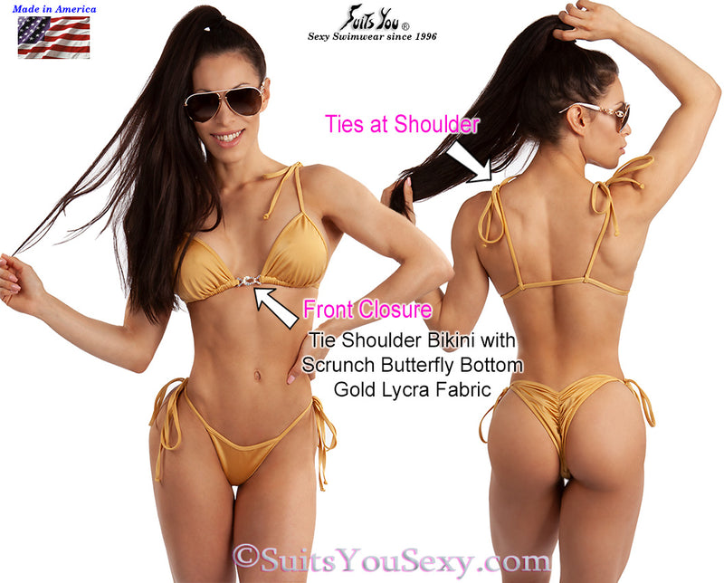 Tie Shoulder Top Bikini with scrunch bottom, 3 colors.