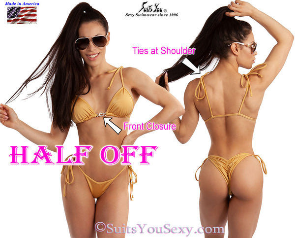 Tie Shoulder Top Bikini with scrunch bottom, gold fabric