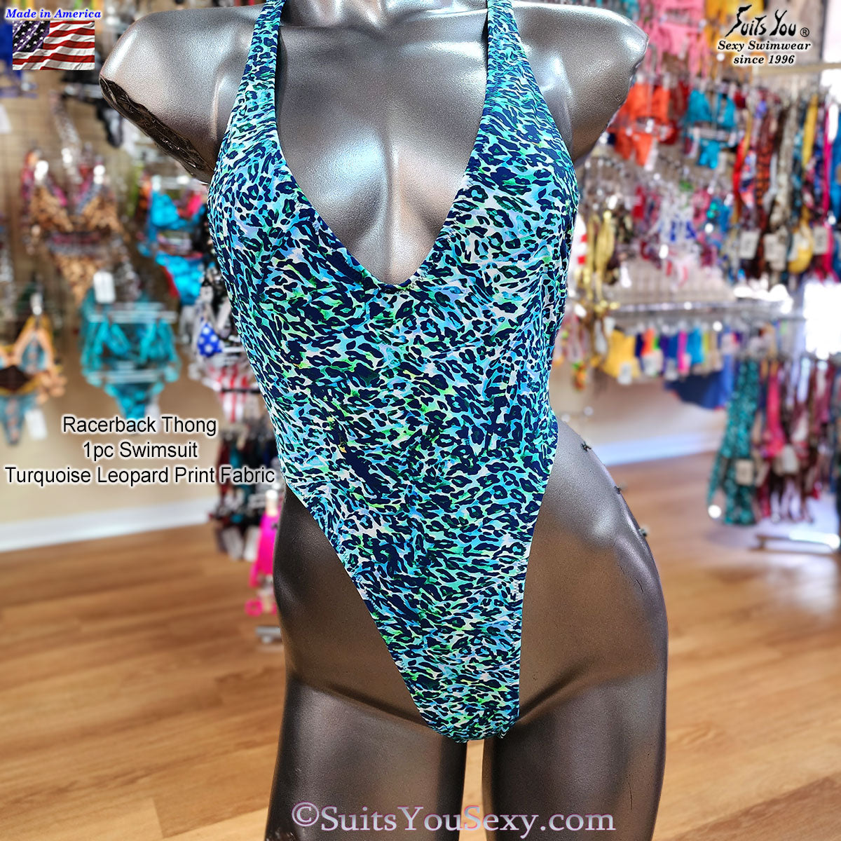 Racerback Thong One-Piece Swimsuit — Bold Print Fabrics, Manufactured in USA - Sexy One-Piece Swimsuit Manufactured in Clearwater, FL