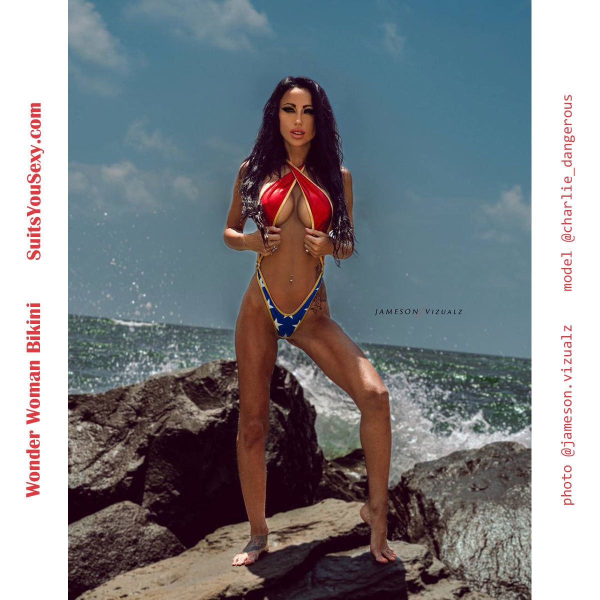 American Warrior barely there criss cross one-piece swimsuit, front view, manufactured in USA