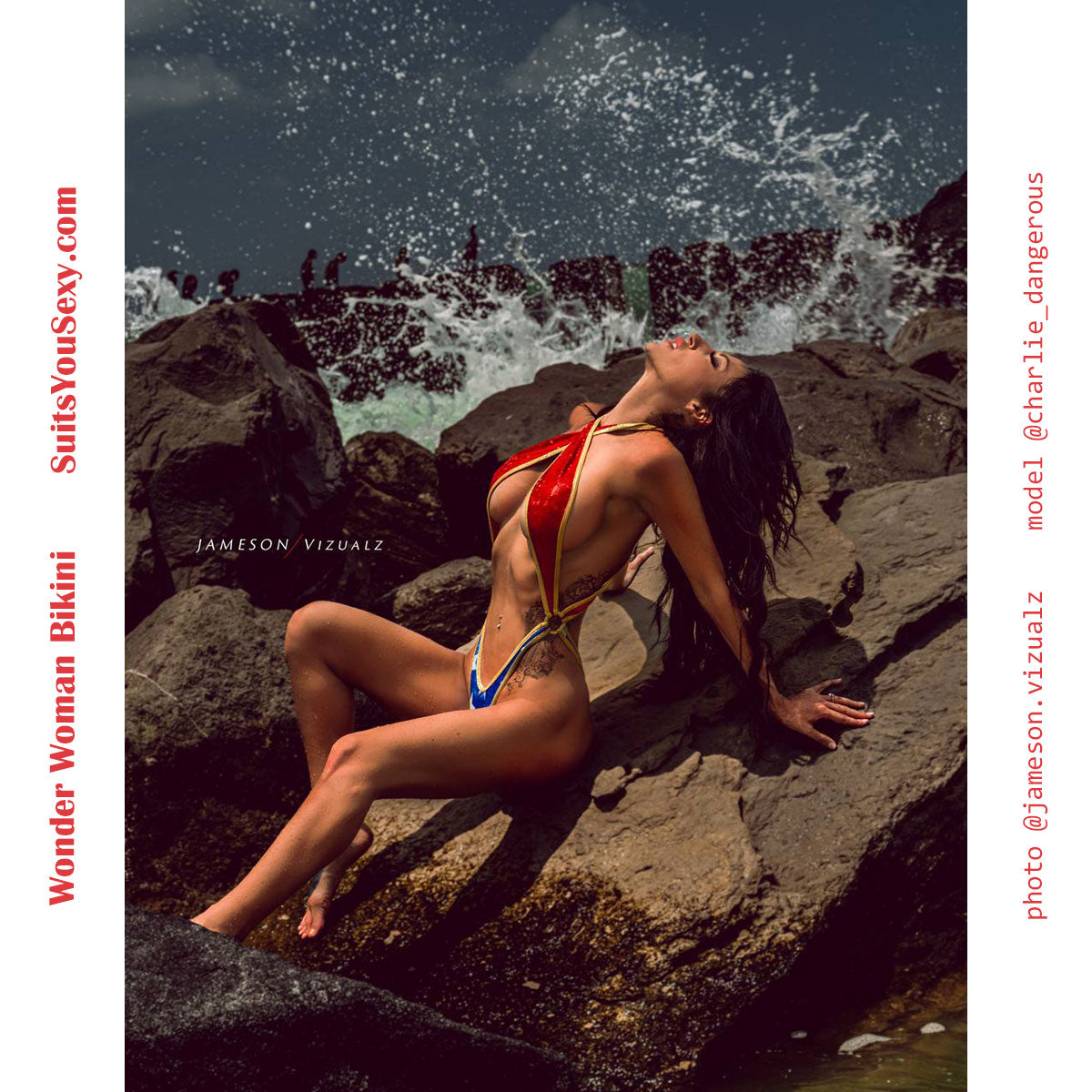 American Warrior patriotic one-piece, model wearing criss cross barely there style, made in Clearwater FL