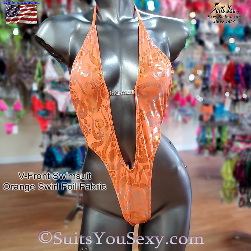 One Piece Swimsuit with V-Front and Half Back, orange swirl 