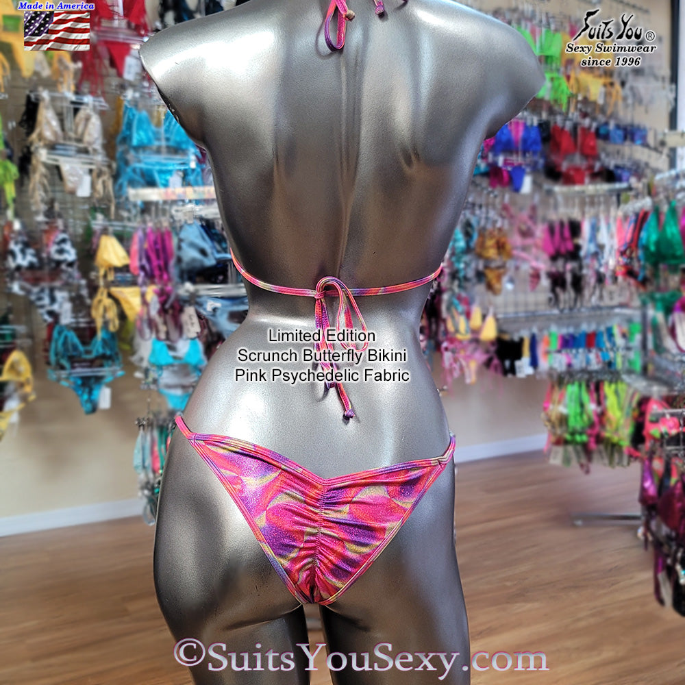 Limited edition pink psychedelic bikini back view — designed by Lucy, made in Clearwater FL