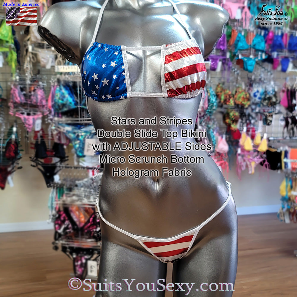 Stars and stripes hologram double slide top, model wearing second style, made in Clearwater FL since 1996