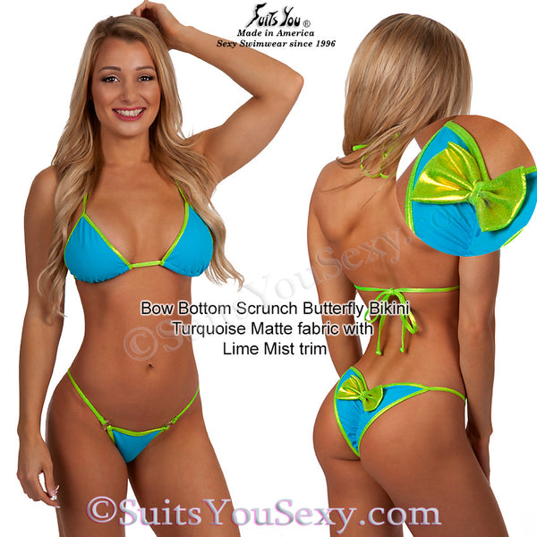 Bikini with bow on the bottom, turquoise with lime trim