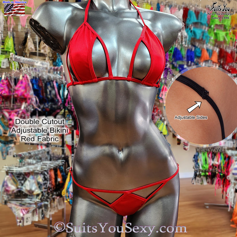 Red Cutout Bikini with Adjustable Sides Micro Scrunch Bottom.