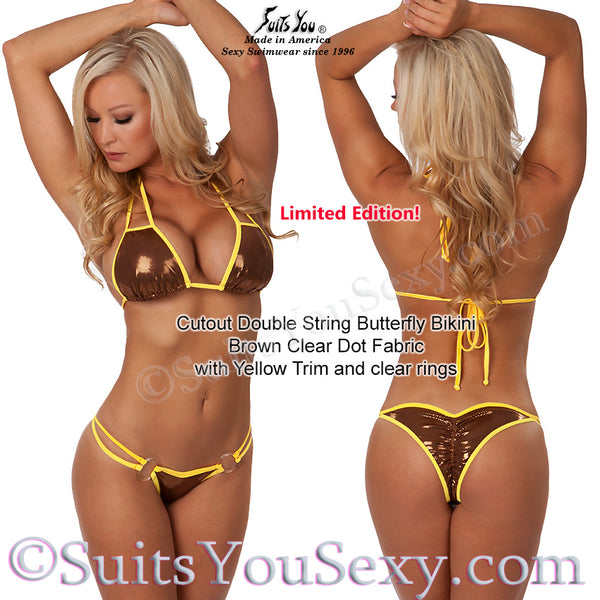 Cutout Double String Bikini, brown with yellow