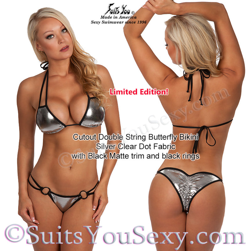 Cutout Double String Bikini, gun metal fabric