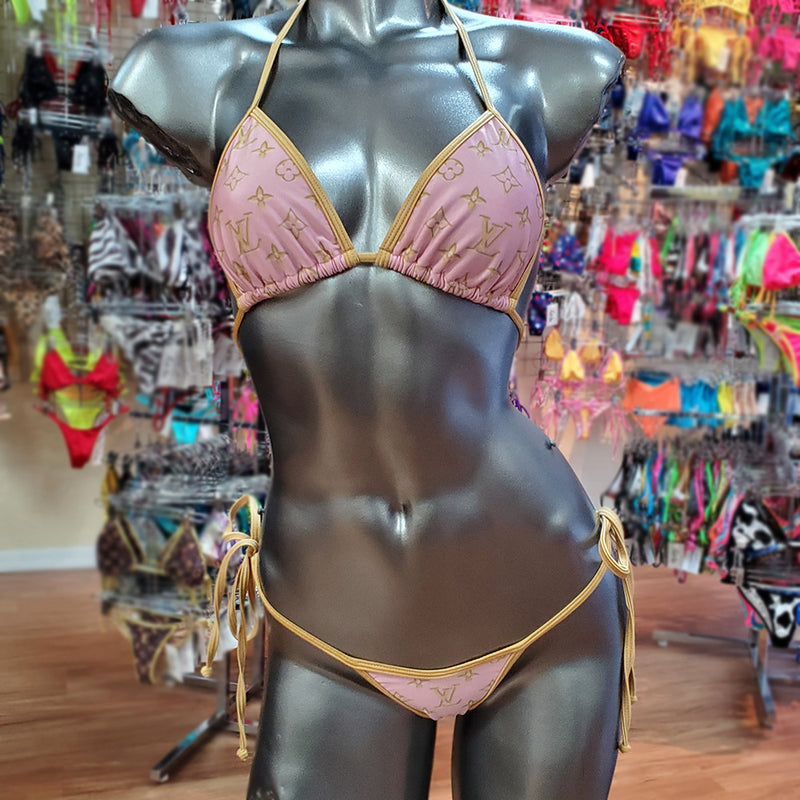 Micro Scrunch Bikini. Limited Edition Fabric, Baby Pink with gold