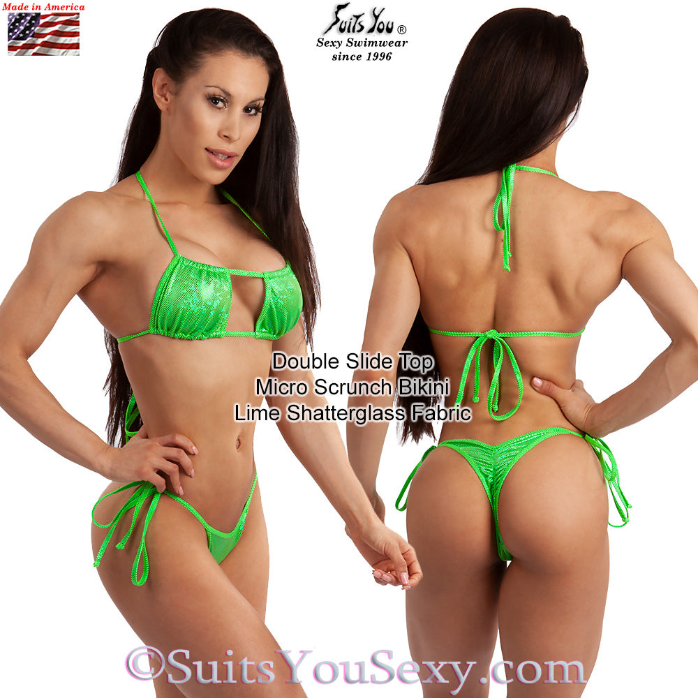 Double slide top micro scrunch bikini on model — manufactured in USA