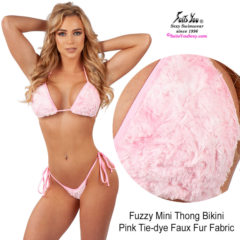 Fuzzy Thong Swimsuit, Pink Faux Fur Fabric