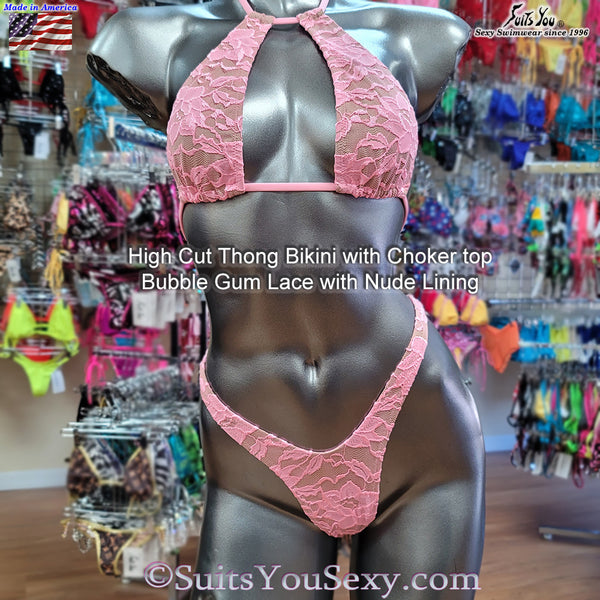 High Cut Thong Bikini, Bubble Gum Lace Fabric