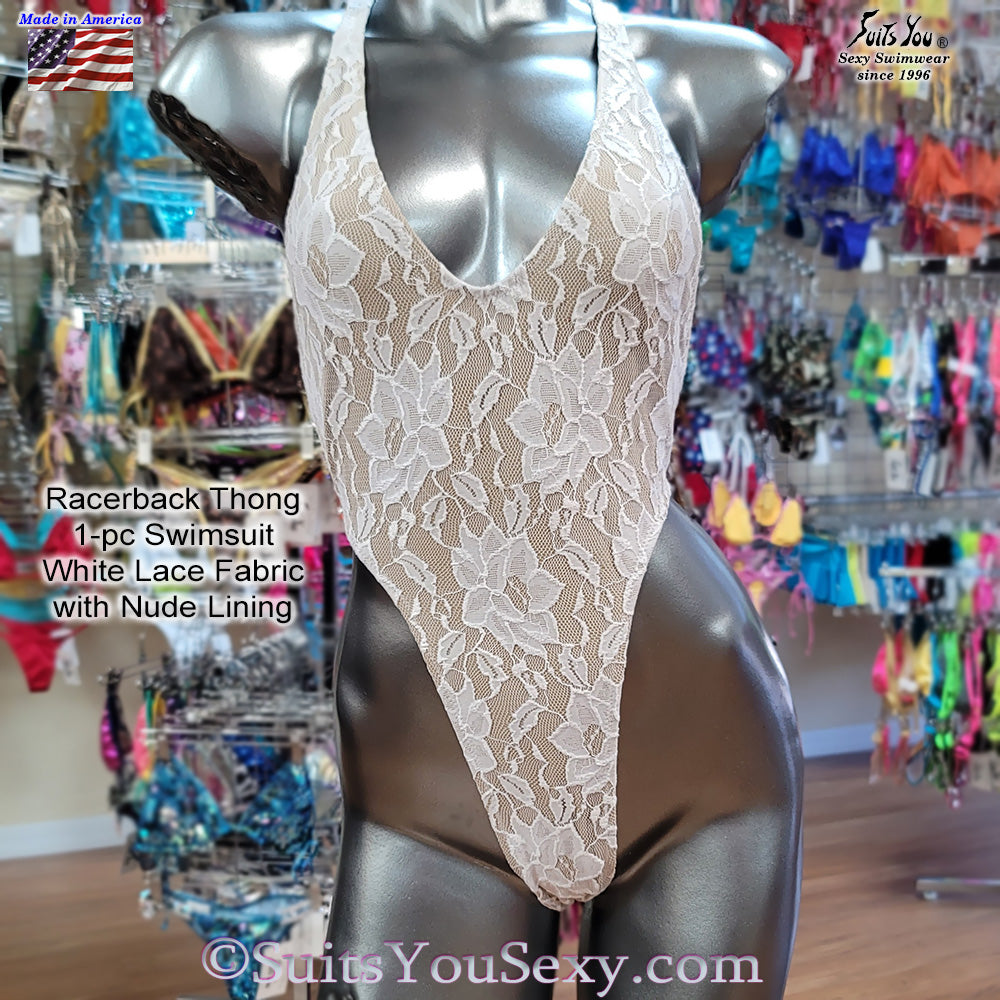 Lace racerback one-piece on model — designed by Lucy, American made