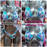 High cut thong bikini with triangle top in multi flower print, front view, handmade in FL