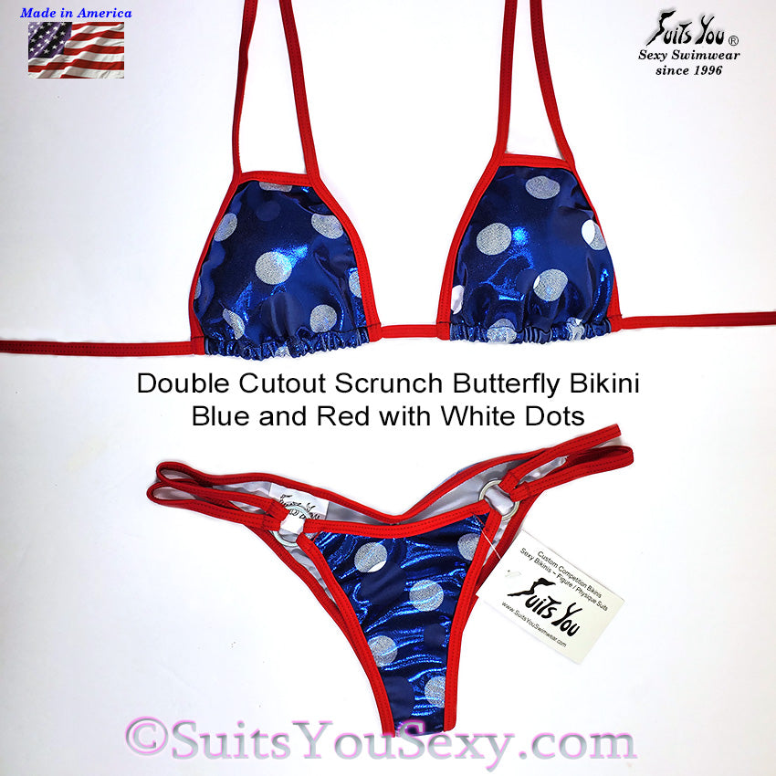 Patriotic polka dot bikini, blue with white dots, cutout top, manufactured in Clearwater FL