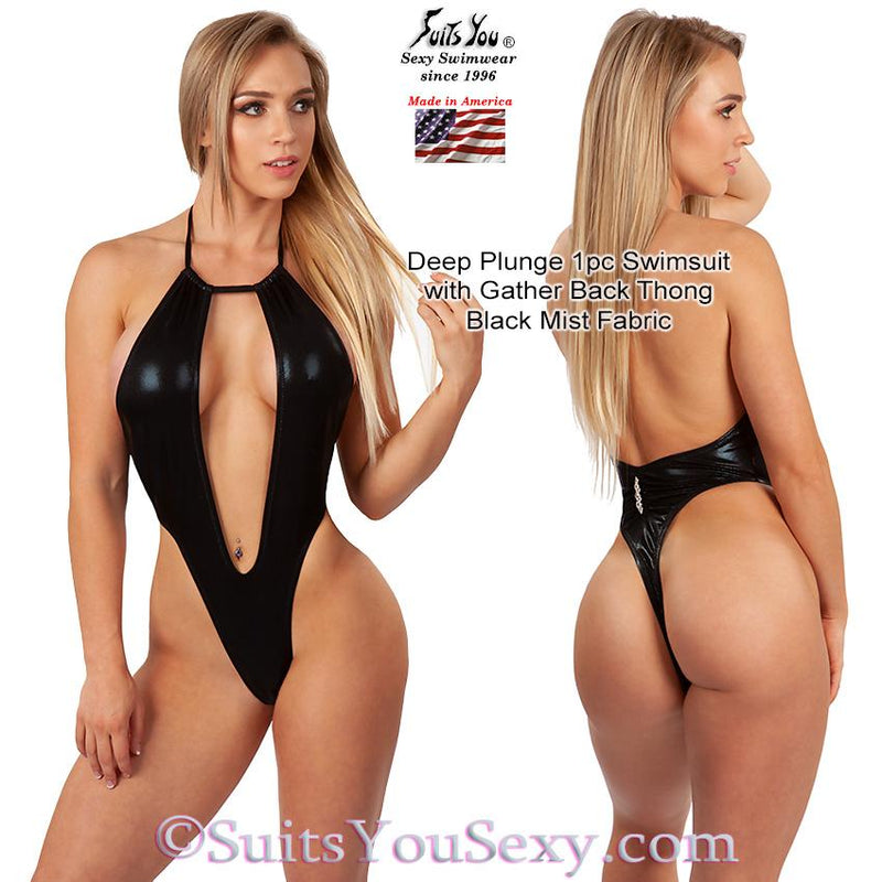 One Piece Swimsuit with Deep Plunge Front and Thong Back, black mist fabric