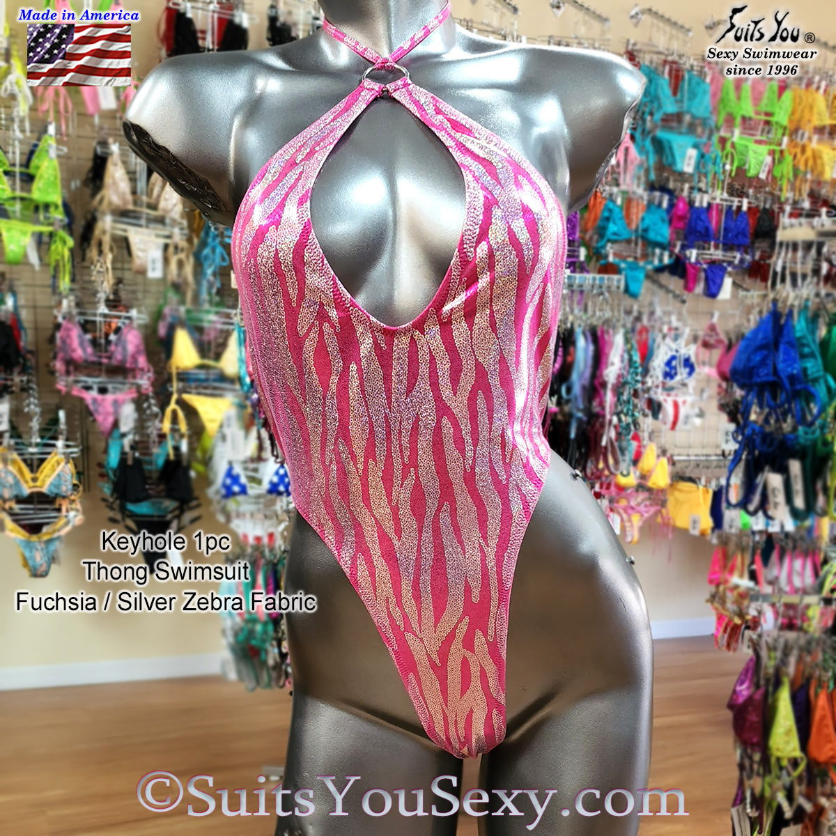 Keyhole one-piece thong swimsuit holographic foil — front view, manufactured in Clearwater FL